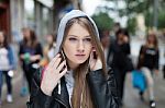 Girl  Listening To Music Stock Photo