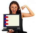 Girl Pointing Down The Laptop Stock Photo