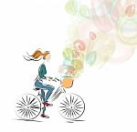 Girl Riding A Bicycle. Illustration Of A Woman On A Bike Stock Photo