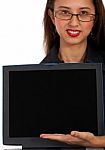 Girl Showing Computer Screen Stock Photo