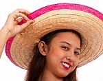 Girl Smiling In Straw Hat Stock Photo