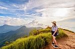 Girl Tourist Scenic Mountains Stock Photo