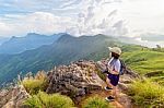 Girl Tourist Scenic Mountains Stock Photo