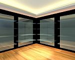 Glass Shelves In Black Empty Room Stock Photo