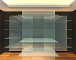 Glass Shelves In Black Empty Room Stock Photo