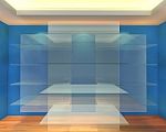 Glass Shelves In Blue Empty Room Stock Photo