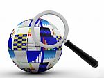 Globe And Chart Or Graph Stock Market Under Magnify Review Stock Photo