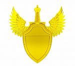 Golden Shield With Wings And Sword Stock Photo