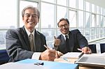 Good Healthy Of Couples Frienship Senior Working Man Shot On Office Working Table, Happiness Emotion ,laughing Face Stock Photo