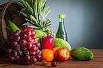 Grapes And Many Fruits On The Wood Stock Photo