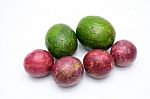 Group Of Avocados And Passion Fruit Isolated On A White Backgrou Stock Photo