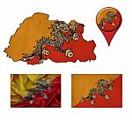 Grunge Bhutan Flag, Map And Map Pointers Stock Photo