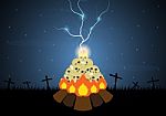 Halloween Skull Bonfire Thunderbolt  Stock Photo