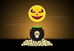 Halloween Witch Cauldron Skull Moon  Stock Photo