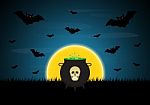 Halloween Witch Cauldron Skull Moon Bat  Stock Photo