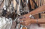 Hand Diy Maintenance Old Bicycle Gear Stering Stock Photo