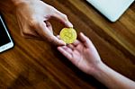 Hand Exchange Golden Metal Bitcoin Crypto Currency Investment- S Stock Photo