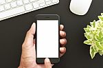 Hand Hold Phone White Screen Display, Close-up Business Man Touc Stock Photo