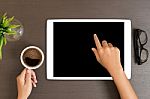 Hand Use White Tablet On Desk Table Top View Stock Photo