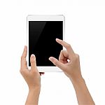 Hand Using Digital Tablet On White Background, Mock-up Tablet Bl Stock Photo