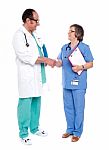 Handshaking Senior Doctors On White Stock Photo