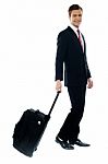 Handsome Businessman Dragging Trolley Bag Stock Photo