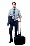 Handsome Businessman Posing With Trolley Bag Stock Photo