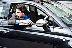 Handsome Man Parking His New Car Safely Stock Photo