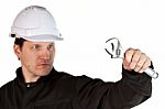 Handyman Wearing Uniform And Hardhat Stock Photo