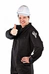 Handyman Wearing Uniform And Hardhat Stock Photo