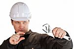 Handyman Wearing Uniform And Hardhat Stock Photo