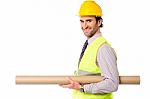 Happy Civil Engineer Holding Blueprint Stock Photo