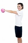 Happy Fitness Girl Lifting Dumbbells Stock Photo