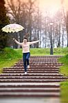 Happy Girl With Umbrella Stock Photo