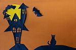 Happy Halloween With Haunted House Castle And Black Cat Stock Photo