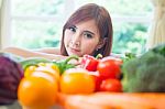 Happy Woman Cooking Vegetables Green Salad Stock Photo