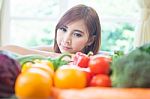 Happy Woman Cooking Vegetables Green Salad Stock Photo