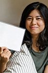 Happy Woman Hold White Blank Board Stock Photo