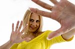 Happy Woman Showing Palms Stock Photo