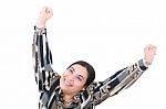 Happy Woman With Hands Up Stock Photo