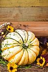 Harvested Pumpkin In A Box With Fall Leaves, Hay And Flowers Stock Photo