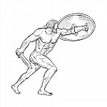 Heracles With Shield And Sword Drawing Black And White Stock Photo