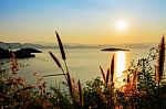 High Angle View Beautiful Lake At Sunset Stock Photo