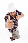 High Angle View Of Architect Showing Thumbs Up Stock Photo