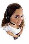 High Angle View Of Call Center Female Stock Photo