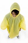 High Angle View Of Standing Man Wearing Raincoat Stock Photo