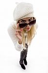 High Angle View Of Woman Looking Through Sunglasses Stock Photo