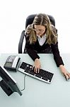 High Angle View Of Woman Working On Computer Stock Photo