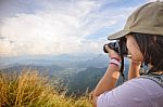 Hiker Teens Girl Taking Photo Stock Photo