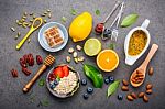 Ingredients For The Healthy Foods Background Mixed Nuts, Honey, Stock Photo